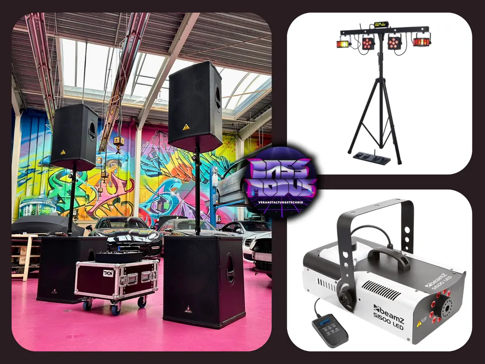 Komplett-Paket L mit Lautsprechern, Subwoofern, Partylicht und Nebelmaschine